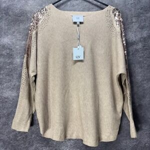 LIV Milano Sweater Womens XL Tan Sequin Beaded Wings Embellished Dolman Sleeve